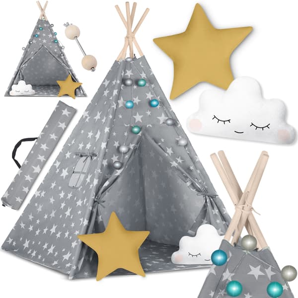 Nukido lasten teepee-teltta valoilla - harmaa tähdillä