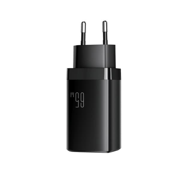 USB-A USB-C GaN 65W vægoplader med 100W USB-C kabel 1,2m - Sort