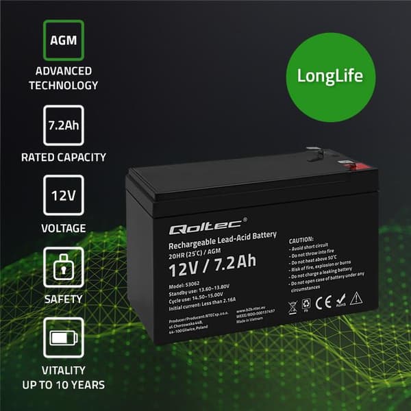 Qoltec 12 V AGM-akku | 7,2 Ah