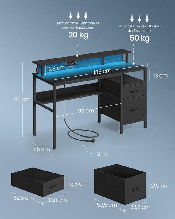 Computerbord med skærmstativ, LED-belysning, 55 x 135 x 90 cm