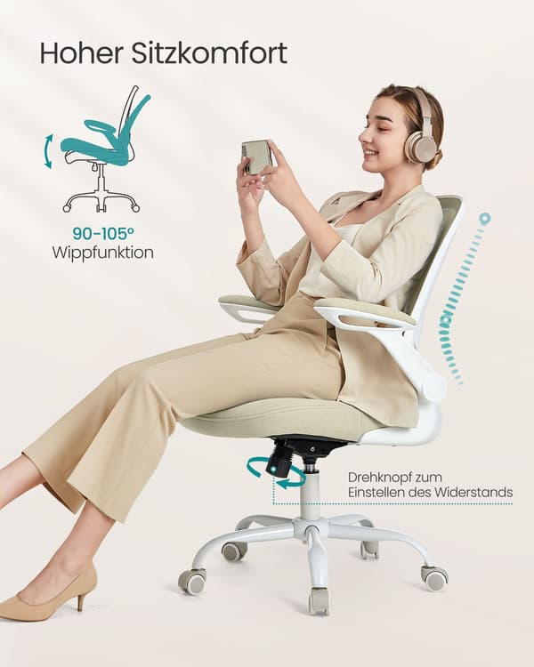 Mesh Skrivbordsstol, Ergonomisk Datorstol, Svankstöd, Uppfällbart Armstöd, Havregrynsbeige
