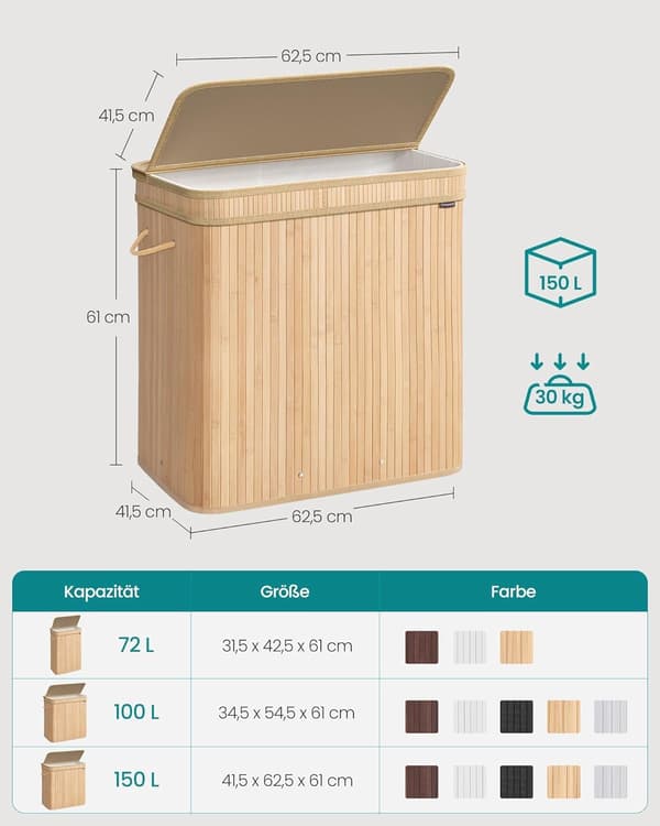 Bambuinen Pyykkikori Kahvalla, 150 L, Luonnonbeige