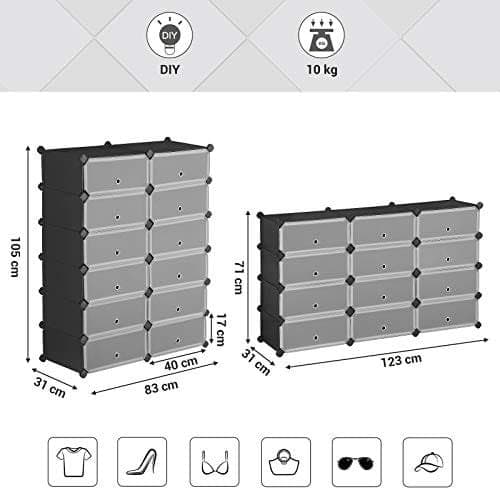 Songmics Interlocking skohylde, rektangulær opbevaringsholder, 40 x 30 x 17 cm, sort