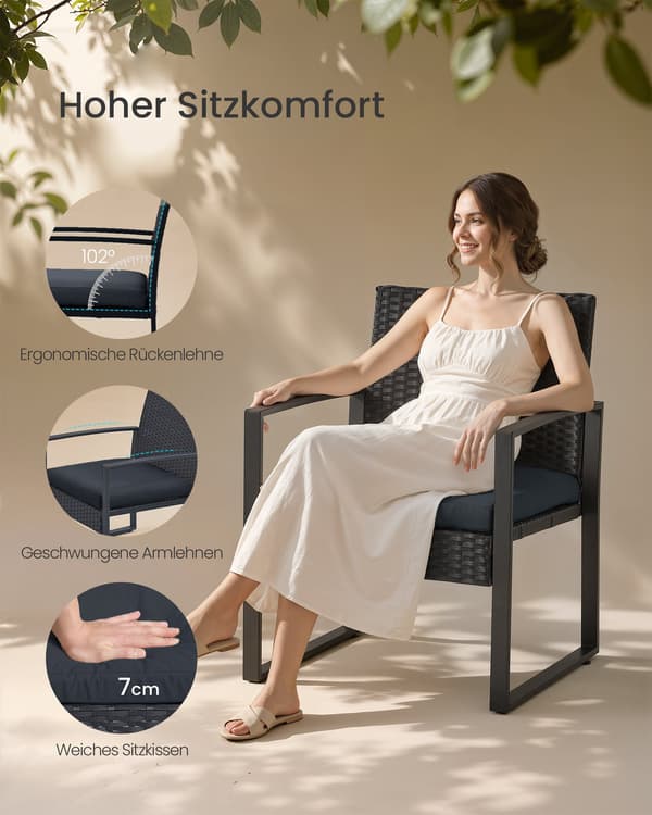 Sæt med 3 havemøbler i polyrattan, sidebord og 2 stole i sort