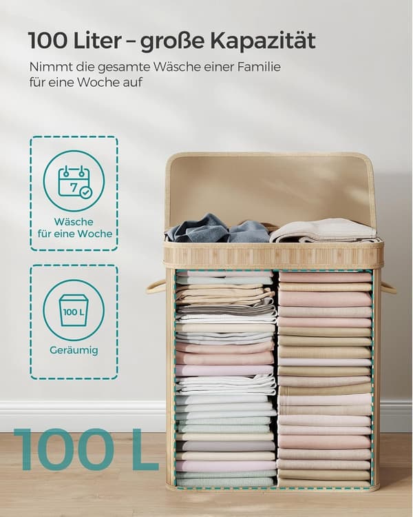 Tvättkorg med lock, bambu, 100 liter