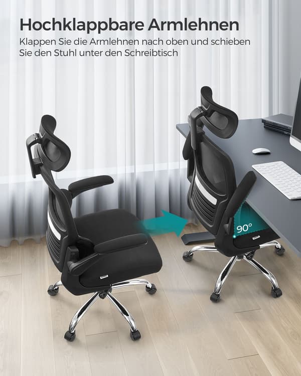 Kontorstol, skrivebordsstol, ergonomisk, foldbare armlæn, høj ryglæn, blæksort