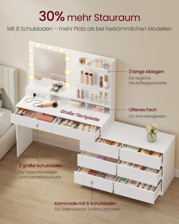 Sminkbord med spegel och LED-belysning, L-formad, molnvit