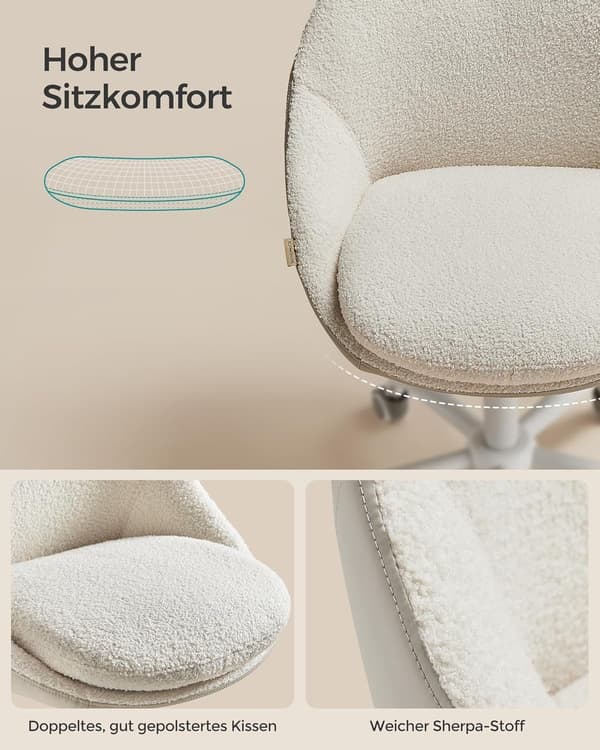 Make-up stol, kontorstol, skumpolstring, højdejusterbar, Cappuccino Beige/Cloud White