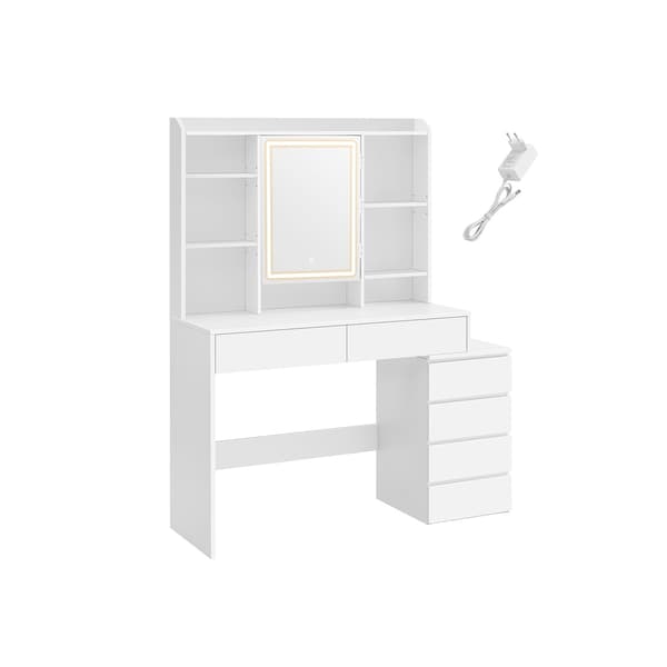 VASAGLE LED Lighting Dressing Table with Adjustable Brightness Dressing Table with Mirror Cosmetic Table with Drawers Open Compartments Adjustable Shelves Modern Cloud White RDT624W01