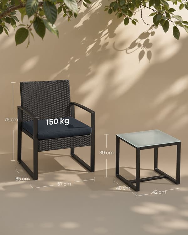Sæt med 3 havemøbler i polyrattan, sidebord og 2 stole i sort