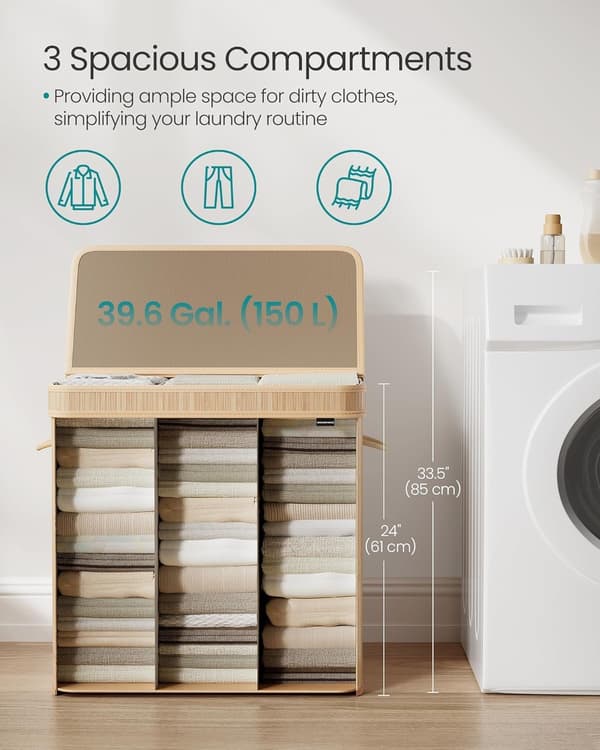 Bambuinen Pyykkikori Kahvalla, 150 L, Luonnonbeige