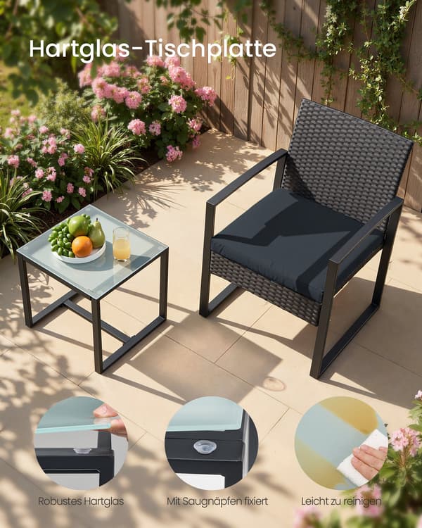 Sæt med 3 havemøbler i polyrattan, sidebord og 2 stole i sort