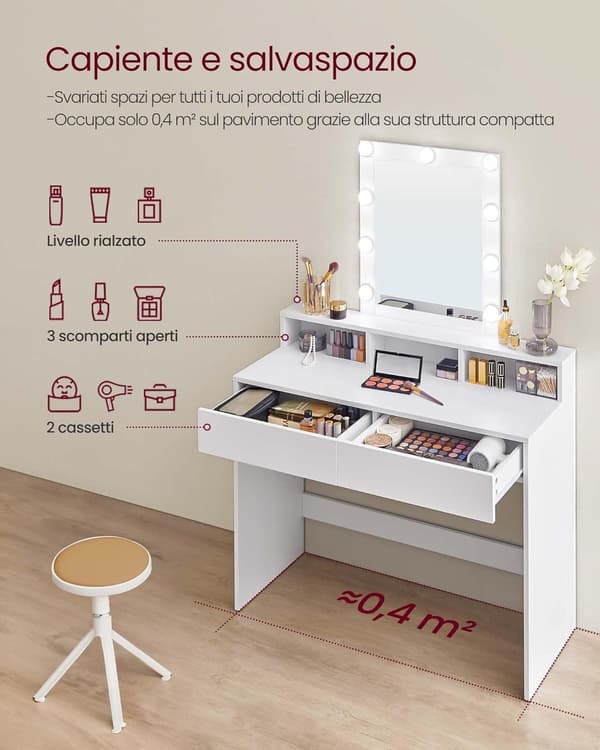 Sminkbord med Justerbar LED-Belysning, Modern, Vit