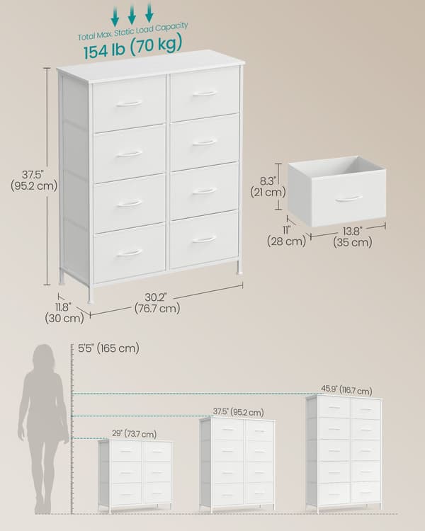Kommode, stål, MDF, 8 skuffer i non-woven stof