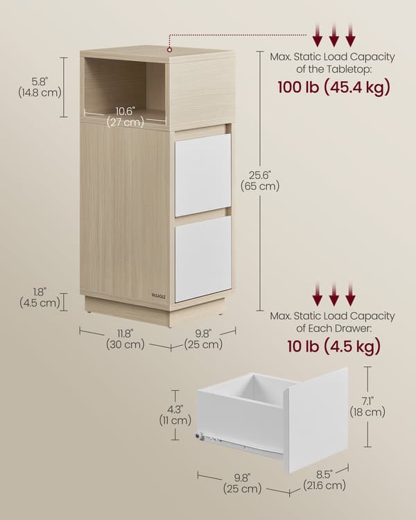 Smala sängbord, set om 2, naturbeige och molnvit