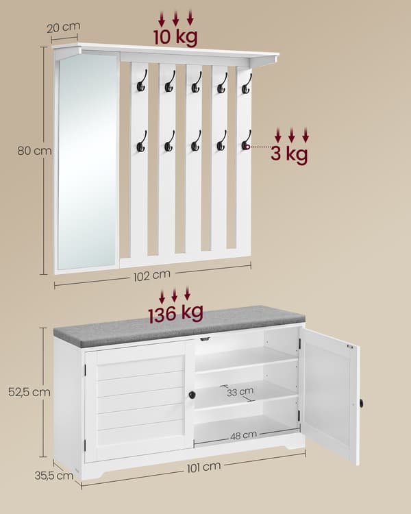 Skobänk, Väggskåp, med Spegel, Bredd 101 cm