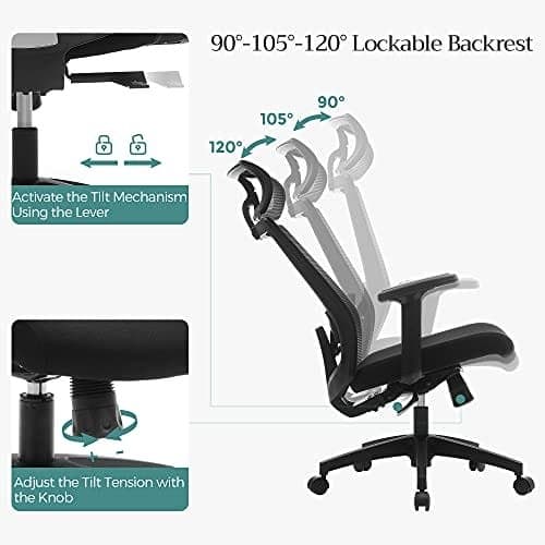 SONGMICS Kontorstol, Skrivebordsstol, Ergonomisk Computerstol, 360° drejestol, sort