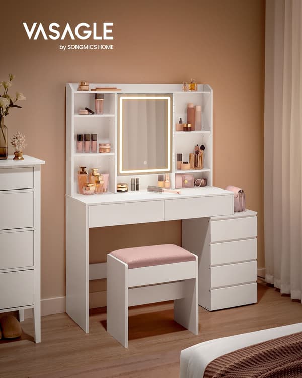 VASAGLE LED Lighting Dressing Table with Adjustable Brightness Dressing Table with Mirror Cosmetic Table with Drawers Open Compartments Adjustable Shelves Modern Cloud White RDT624W01