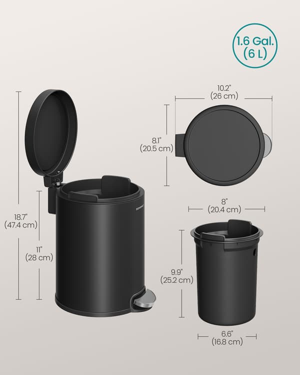 Badrumsavfallshink, 6 liters stålbehållare, innerhink, för avfall, sovrum, bläcksvart