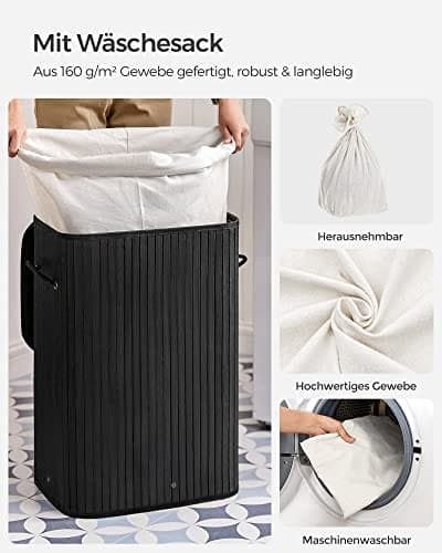 Songmics bambu tvättkorg, 72L fällbar tvätthamper, rektangulär 40 x 30 x 60 cm, svart