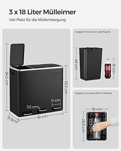Skraldespand med 3 rum 3 × 18 L - sort