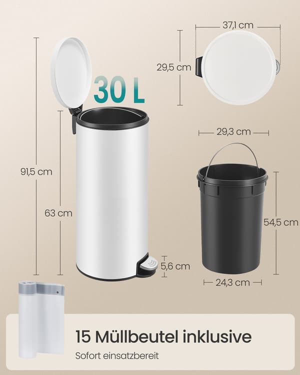 30L Rund Papperskorg, Metall, Vit