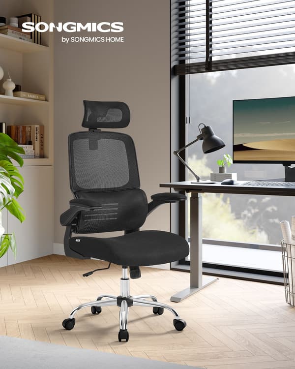 Kontorstol, skrivebordsstol, ergonomisk, foldbare armlæn, høj ryglæn, blæksort