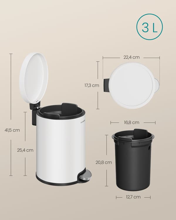 Pedalspand til badeværelset, (3 L) Stål, Hvid