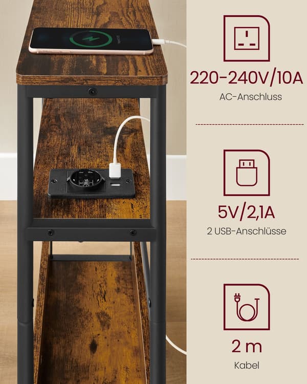 Smal sidebord med stikdåse, 3-lags sengebord