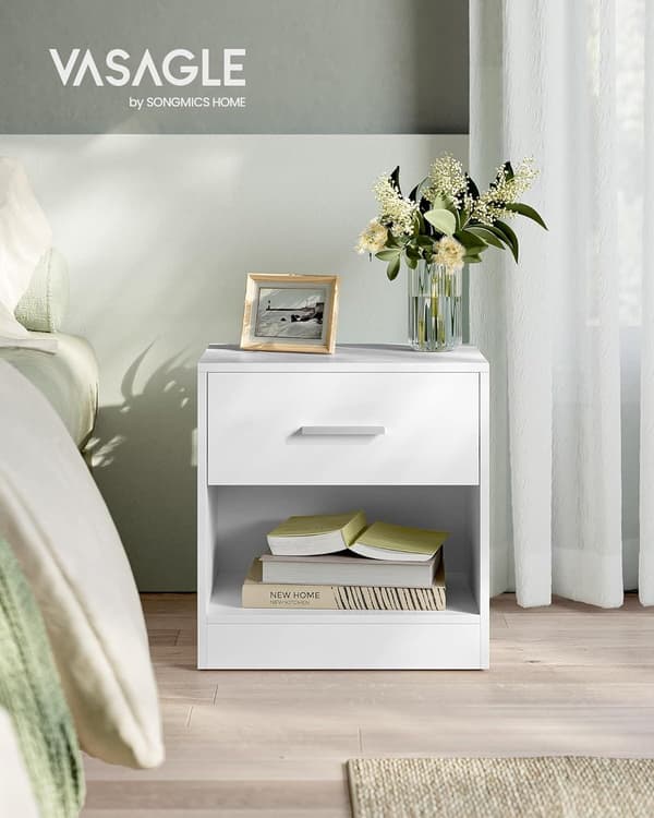 VASAGLE Bedside Table, Side Table with Drawer, Handle, Open Compartment, End Table, for Bedroom, Living Room, Classic White LET619T14