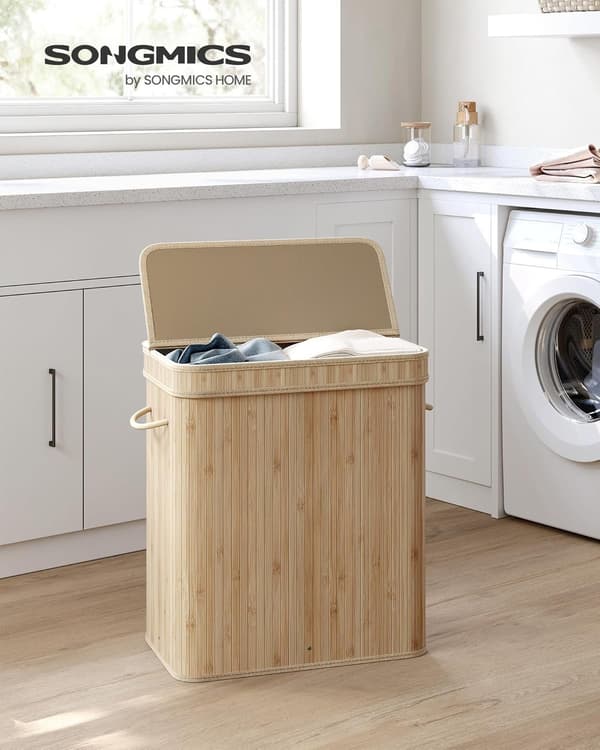 Tvättkorg med lock, bambu, 100 liter