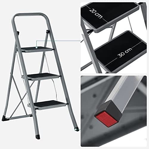 SONGMICS 3-trins stige, foldestige, gummifødder, stål, grå og sort