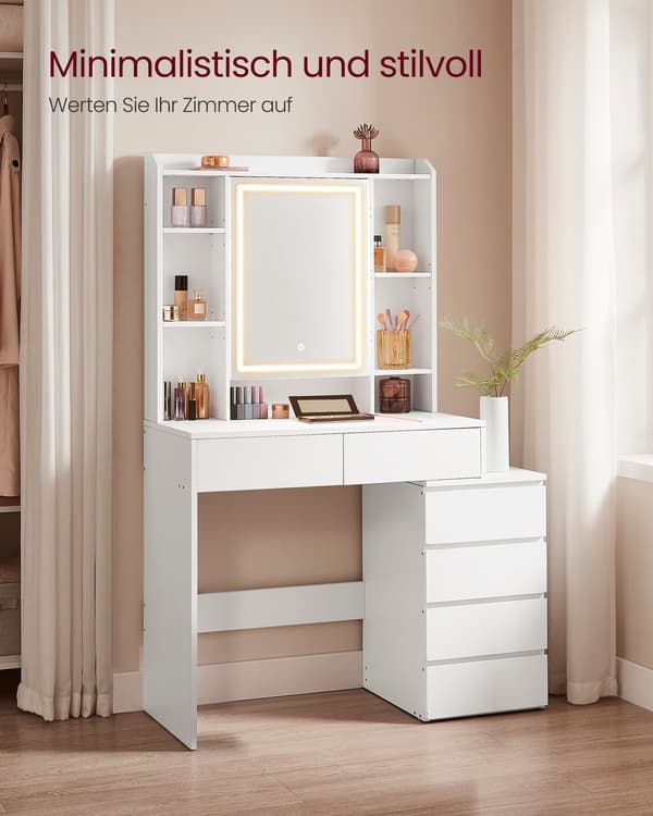 VASAGLE LED Lighting Dressing Table with Adjustable Brightness Dressing Table with Mirror Cosmetic Table with Drawers Open Compartments Adjustable Shelves Modern Cloud White RDT124W01