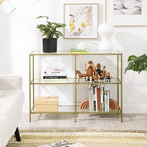 Vasagle Console Table, soffbord med 3 hyllor, härdat glashylla, guldfärg