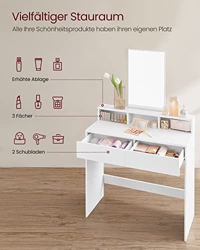 VASAGLE Sminkbord med stor rektangulär spegel, vit
