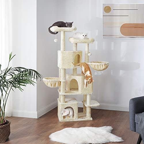 Feandrea stort kradsetræ med 3 kattehuler, 164 cm kattetårn, beige