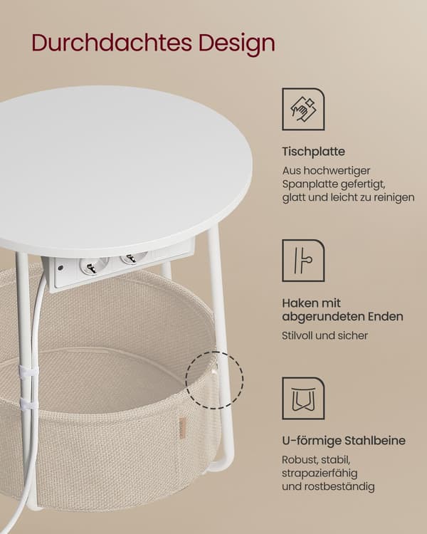 Soffbord, Sidobord med Tygkorg, För Vardagsrum, Sovrum, Sängbord, Vit Och Kamelbrun