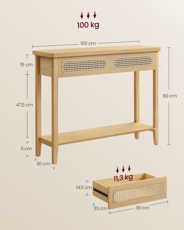 Konsolbord til entre, smalt sofabord til stue, Boho Style, Eg Beige