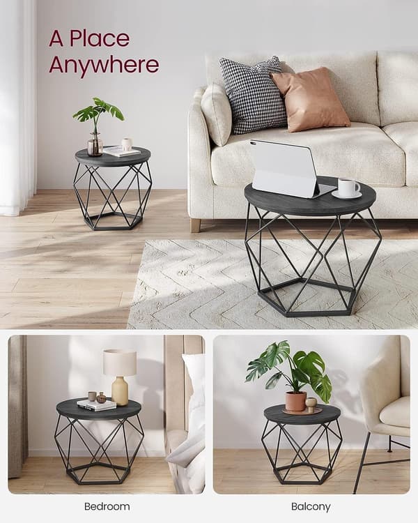 Vasagle rundt sofabord, sæt med to sideborde, moderne stil, sort