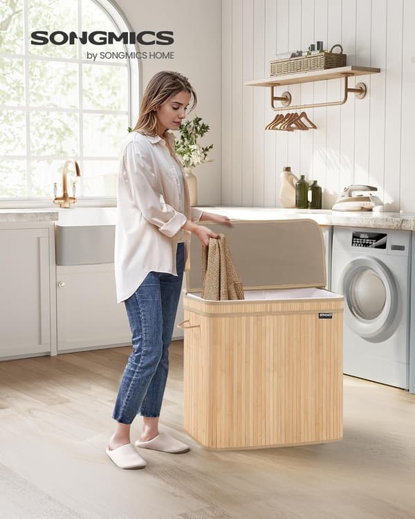 Bambuinen Pyykkikori Kahvalla, 150 L, Luonnonbeige
