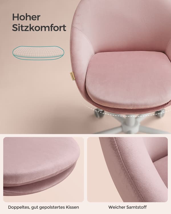 Kontorsstol, Sammet, Snurrstol, Skrivbordsstol Rosa