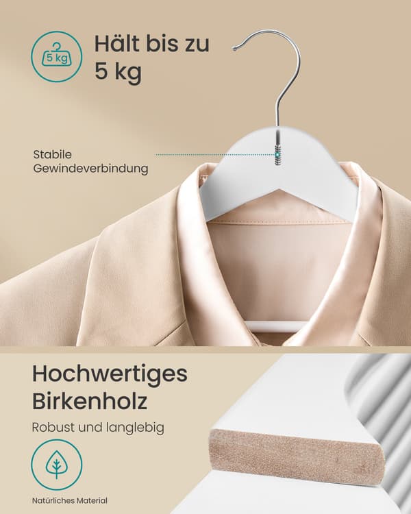 Træbøjler, sæt med 30, slanke, buksebøjler, 360° roterende krog, Cloud White
