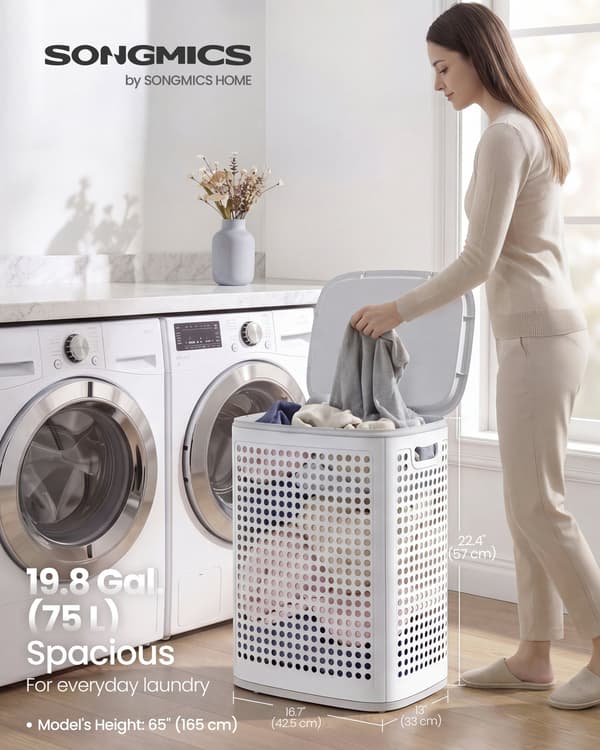 Tvättkorg i plast, 75 l, vit och grå