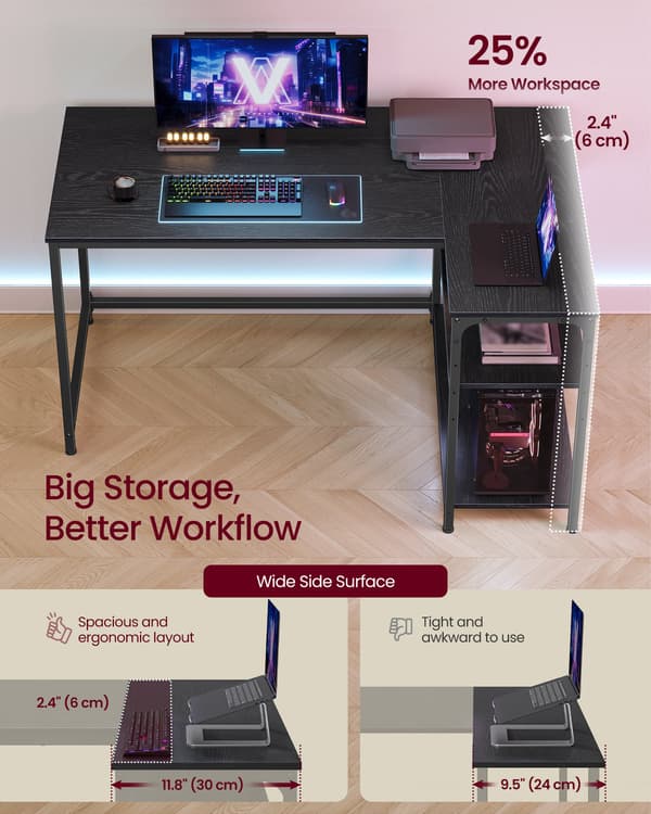 L-formet computerbord, hjørnebord med opbevaring, 120 x 80 cm