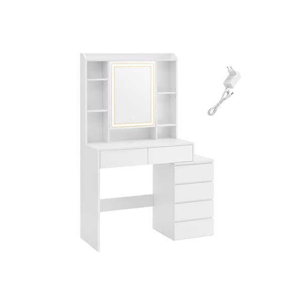 VASAGLE LED Lighting Dressing Table with Adjustable Brightness Dressing Table with Mirror Cosmetic Table with Drawers Open Compartments Adjustable Shelves Modern Cloud White RDT124W01