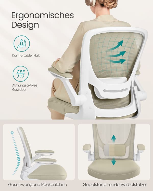 Mesh Skrivbordsstol, Ergonomisk Datorstol, Svankstöd, Uppfällbart Armstöd, Havregrynsbeige