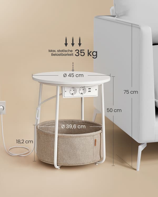 Soffbord, Sidobord med Tygkorg, För Vardagsrum, Sovrum, Sängbord, Vit Och Kamelbrun