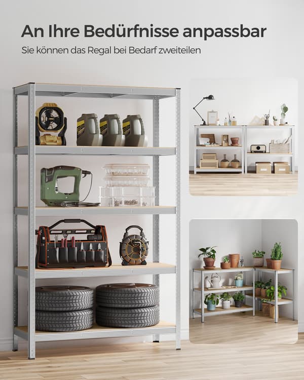 5-lags hylde, stålhylde til opbevaring, til garage, skur, bæreevne 875 kg, sølv