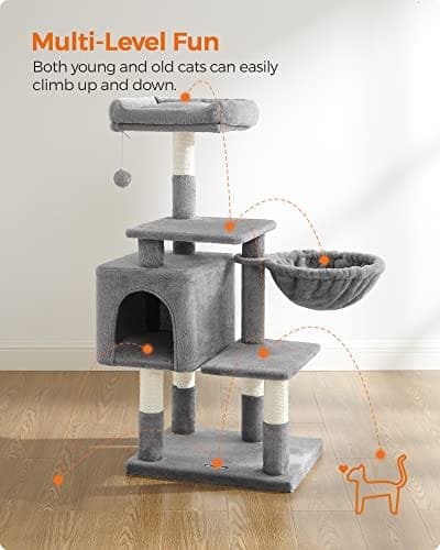 Feandrea Multilevel Cat Tree, 110 cm Cat Tower, Cat Condo, Light Gray PCT52W