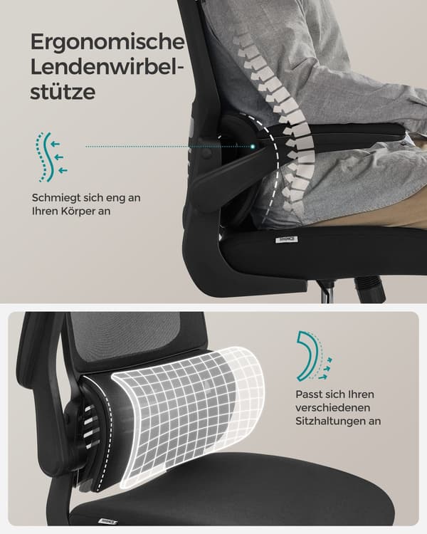 Kontorstol, skrivebordsstol, ergonomisk, foldbare armlæn, høj ryglæn, blæksort